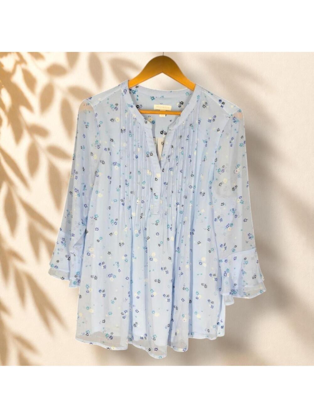 Charter Club Blouse Women L Large Blue Floral V-Neck Long Sleeve Lined Button